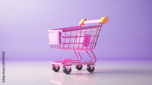  a pink shopping cart with a yellow handle on a purple background. generative ai