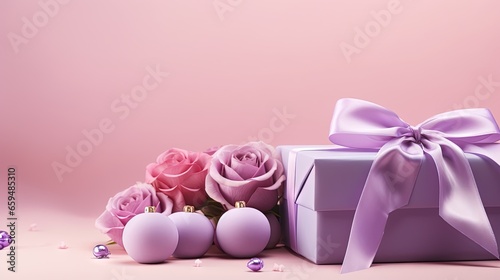  a purple gift box with pink roses and a purple bow. generative ai