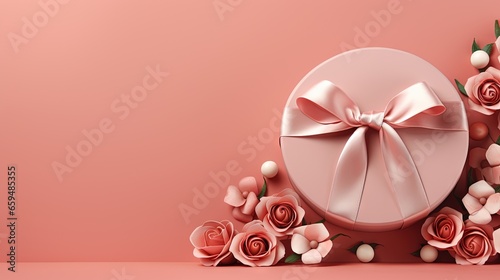  a pink box with a bow and flowers on a pink background. generative ai
