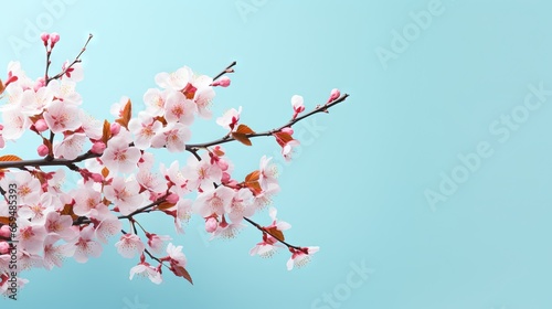  a branch of a tree with pink flowers on a blue background. generative ai