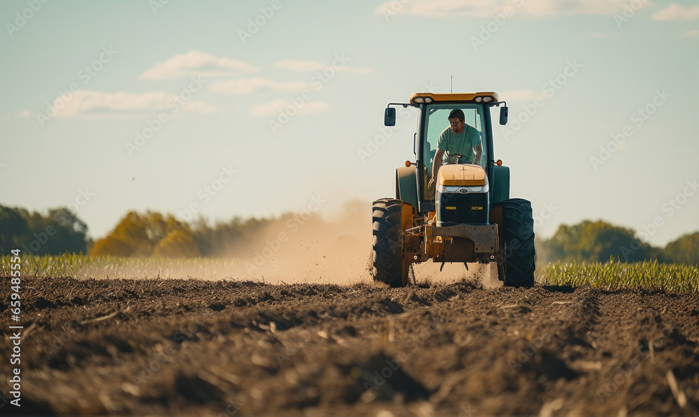 Fototapeta premium The agricultural tractor plows the field.