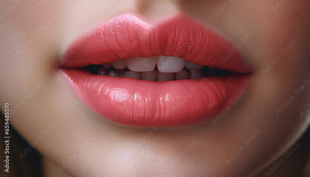 Beautiful woman with shiny, fresh lips and a toothy smile generated by AI Beautiful woman with shiny, fresh lips and a toothy smile generated by AI