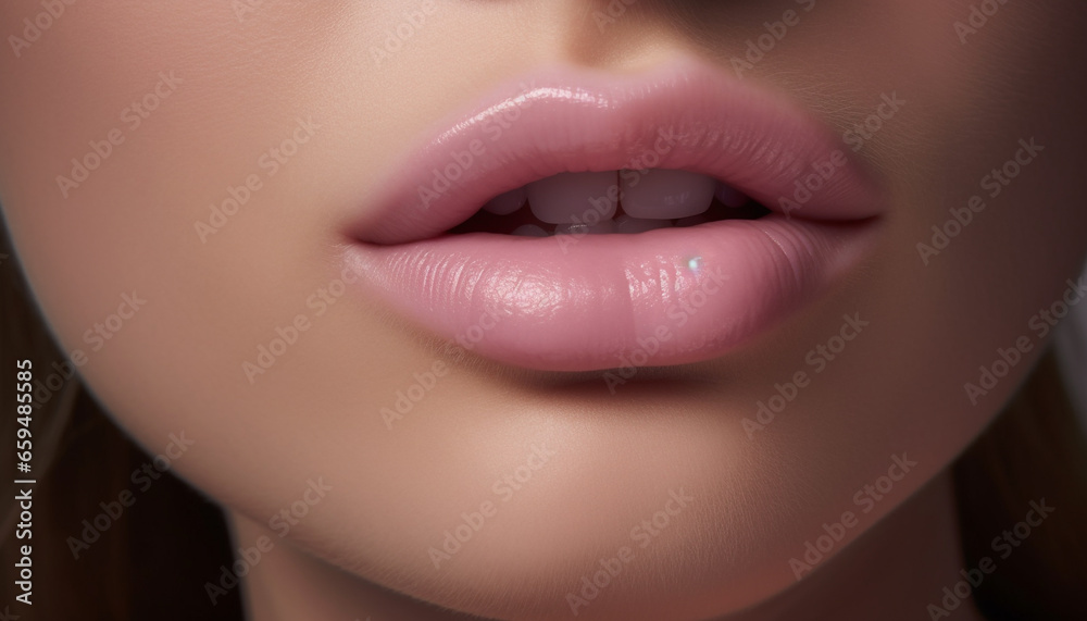 Fototapeta premium Fresh faced beauty with shiny lips and perfect teeth smiling brightly generated by AI