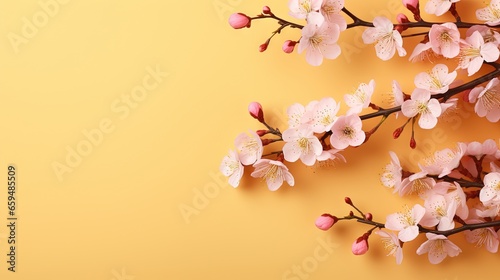  a branch of pink flowers on a yellow background with copy - space.  generative ai