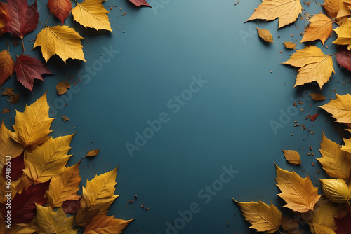 Mid Yellow Seasonal Wallpaper with Falling Autumn Leaves. Natural Banner with copy-space