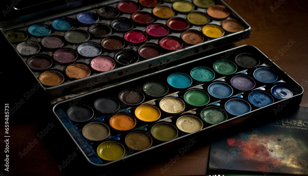 Vibrant watercolor paints set in a pink container for artists generated by AI Vibrant watercolor paints set in a pink container for artists generated by AI
