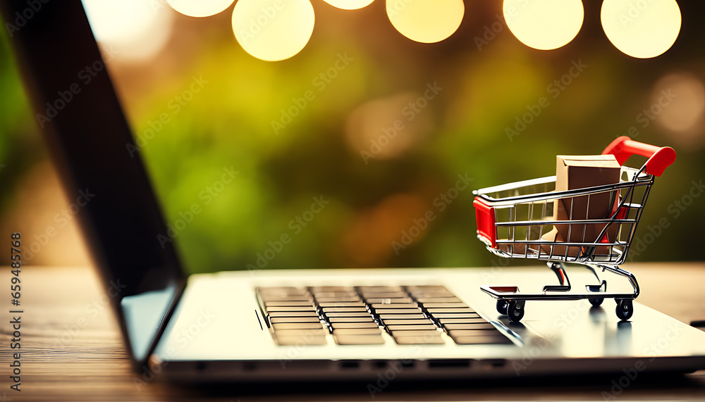 Concept of online shopping with a toy shopping cart in front of a laptop