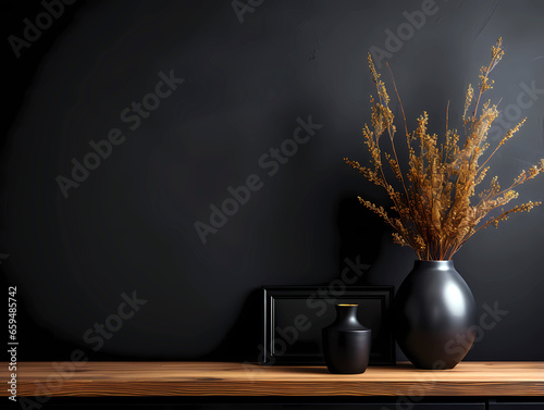 Interior black wall with black vases on a wood table with copy space