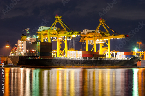 Logistics and transportation of Container Cargo ship and Cargo plane with working crane bridge in shipyard at sunrise, logistic import export and transport industry background