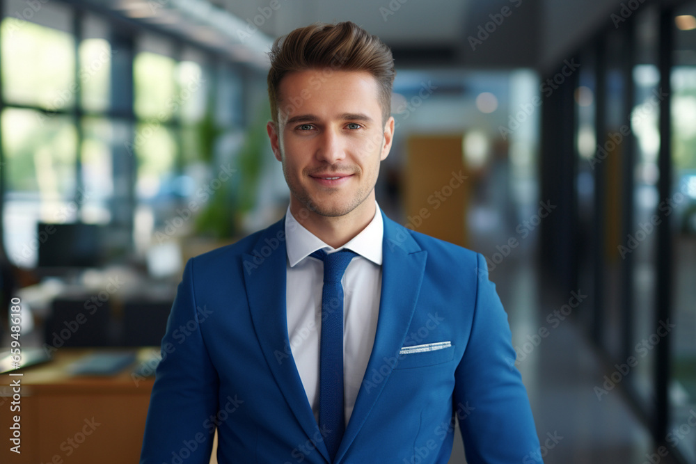 A business professional dressed in a navy blue suit, captured in a portrait against the backdrop of a contemporary indoor office. Generative AI.
