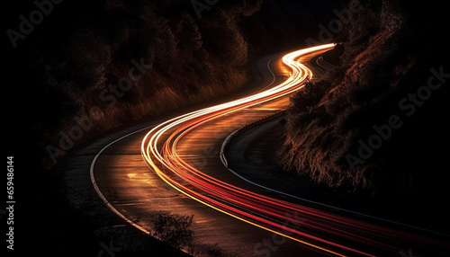 Speeding car on multiple lane highway creates light trail at dusk generated by AI photo