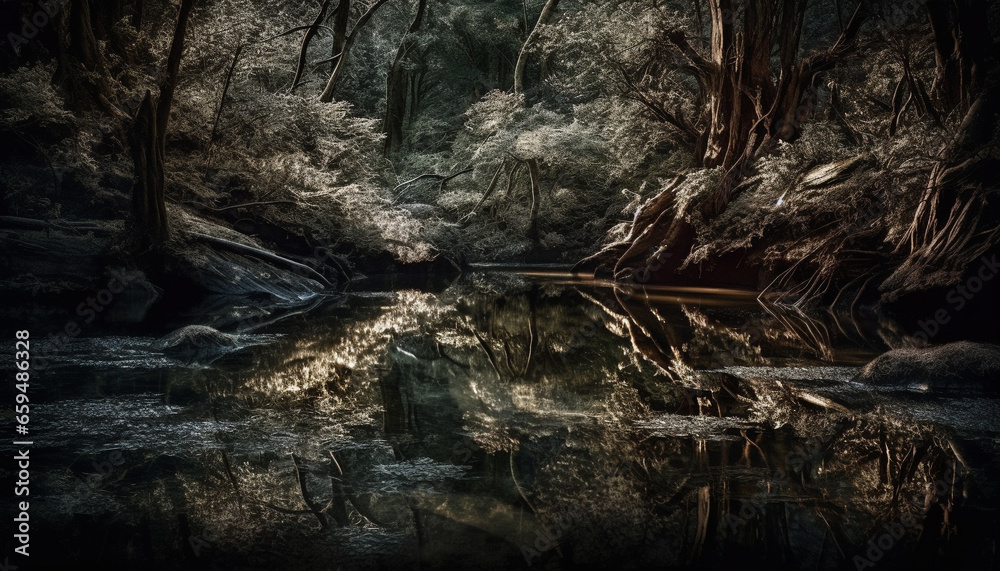 Tranquil scene of a wet forest with flowing water and reflection generated by AI