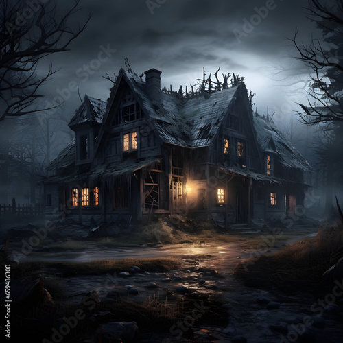 Old haunted house in the forest, Halloween background