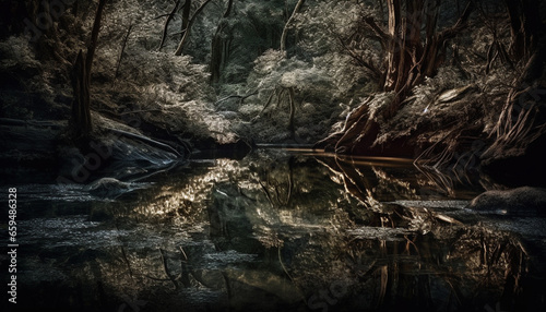 Tranquil scene of a wet forest with flowing water and reflection generated by AI