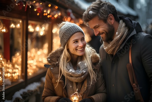 A couple walks along the street decorated with New Year's illumination on Christmas weekend. Generative AI.