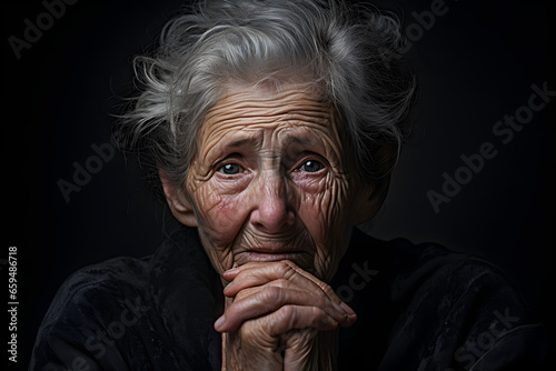 An elderly woman with signs of sadness on her wrinkled face , created by generative AI technology