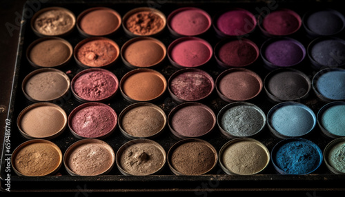Vibrant dusty shades in a large makeup palette arrangement generated by AI