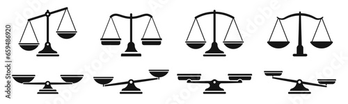 Scales icon set. Weight scales. Justice scales. Libra icon. Silhouette style icon set