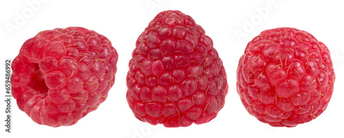 Set of three raspberries isolated on a transparent background.