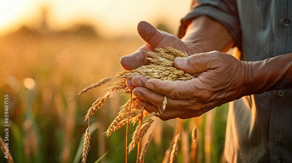 Close - up of an old farmer's hand holding rice in his hand in a field at sunset, ears of rice.