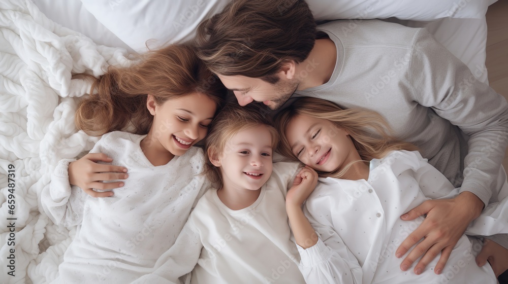 Family and love: top view, happy family teasing each other in bed, parents and children, warm white bedroom, hugs Family and love: top view, happy family teasing each other in bed, parents and children, warm white bedroom, hugs