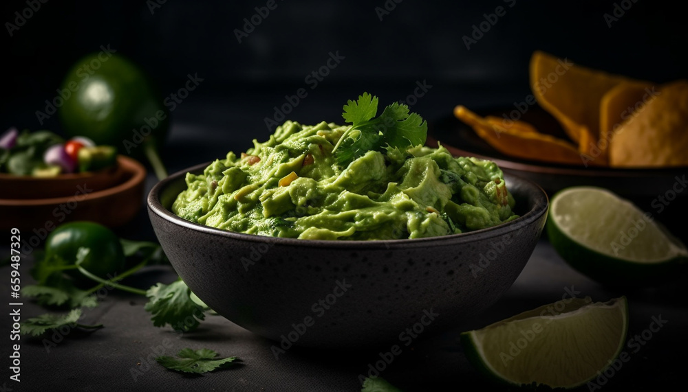Fresh guacamole dip with cilantro and lime on wooden plate generated by AI Fresh guacamole dip with cilantro and lime on wooden plate generated by AI