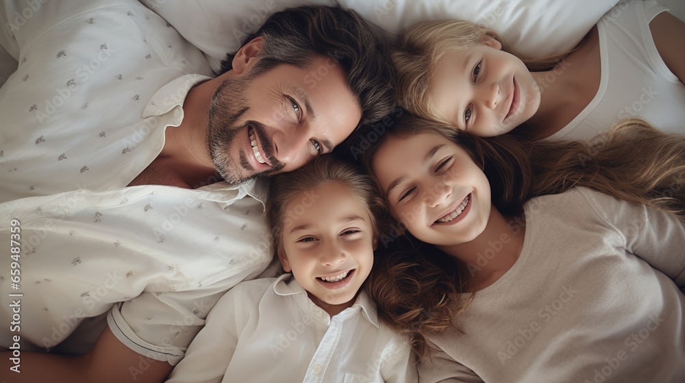 Family and love: top view, happy family teasing each other in bed, parents and children, warm white bedroom, hugs Family and love: top view, happy family teasing each other in bed, parents and children, warm white bedroom, hugs
