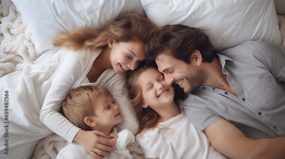 Family and love: top view, happy family teasing each other in bed, parents and children, warm white bedroom, hugs