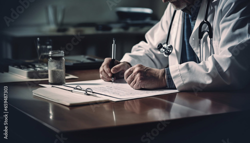 Caucasian doctor sitting at desk, holding stethoscope and pen generated by AI