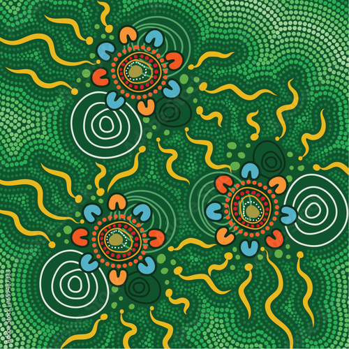 Green painting illustration with Aboriginal-inspired dots