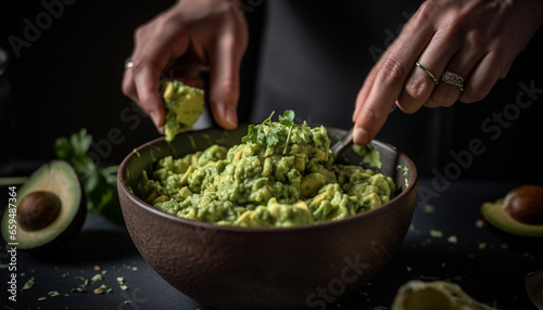 Fresh guacamole bowl, a healthy vegetarian meal for gourmet foodies generated by AI