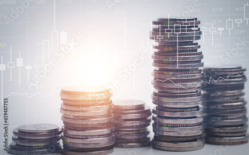 Double exposure of coins and city background for finance and banking concept. investment, valuable asset to gain wealth profit, asset management.