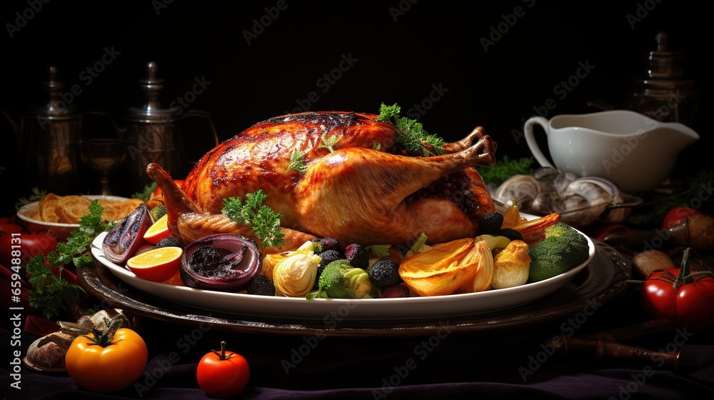 a roasted turkey on a platter surrounded by vegetables and fruit.  generative ai