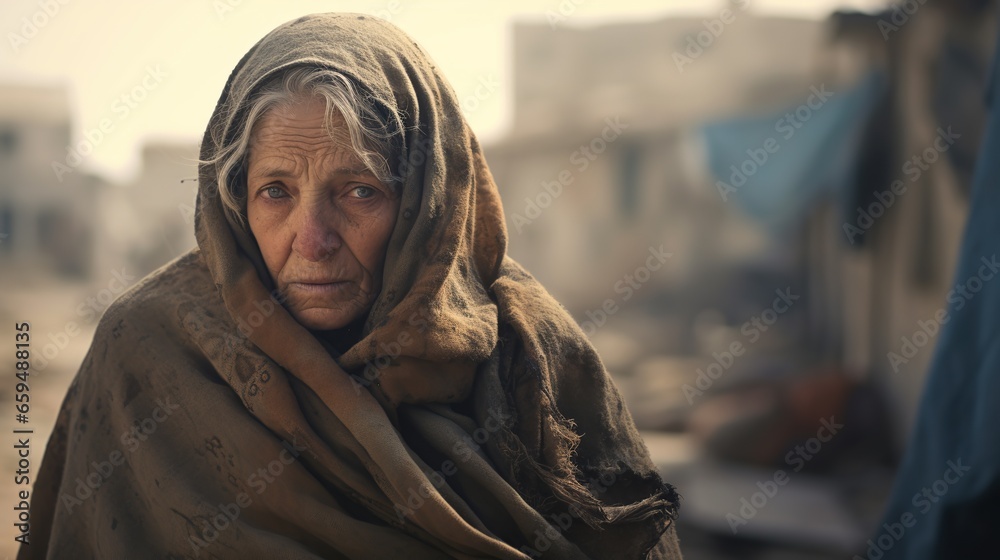 A Portrait of an old Islamic woman standing and hugging a worn blanket, lonely old woman, sad face, crying, dirty clothes, deserted city background A Portrait of an old Islamic woman standing and hugging a worn blanket, lonely old woman, sad face, crying, dirty clothes, deserted city background