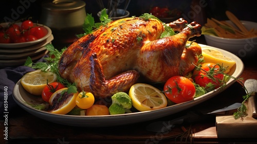  a roasted turkey on a platter with lemons and tomatoes. generative ai