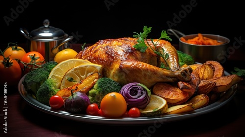  a roasted turkey surrounded by vegetables and fruit on a platter. generative ai