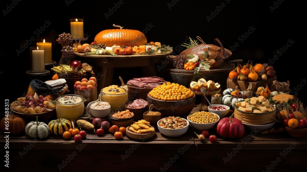  a table filled with lots of different types of food and candles.  generative ai