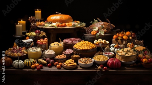  a table filled with lots of different types of food and candles.  generative ai