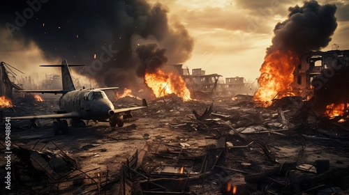 War and Battle  Battle damaged planes  explosions  fires  deserted city backgrounds 