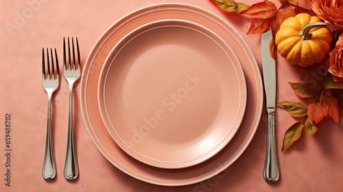  a pink plate with a fork and knife next to it.  generative ai