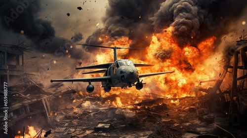 Battle: Battle damaged planes, explosions, fires, deserted city backgrounds 