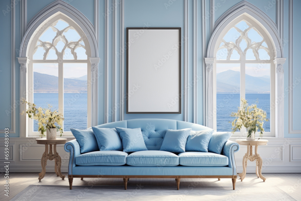 Bright living room with blue couch, pillows, white flowers and mock up frame on the wall. Bright living room with blue couch, pillows, white flowers and mock up frame on the wall.