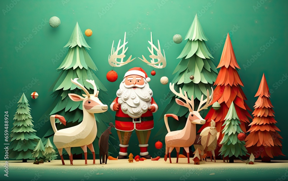 Obraz premium christmas background picture of christmas animals, reindeer and santa with a red christmas tree Generative AI