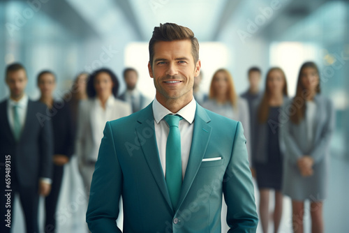 A professional businessman donning a business turquoise suit, surrounded by a group of people, all smiles in front of a modern office building with turquoise light filtering. Generative AI.
