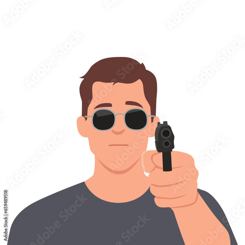 Young cool man with a gun. Pointing a gun wearing sunglasses. Flat vector illustration isolated on white background
