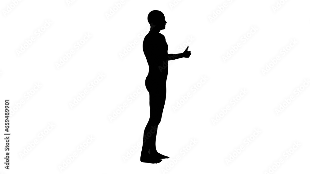 Silhouette of a beautiful young athletic man gesturing, transparent background. 3d illustration (rendering).