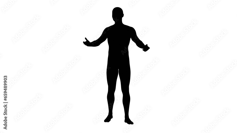 Silhouette of a beautiful young athletic man gesturing, transparent background. 3d illustration (rendering).