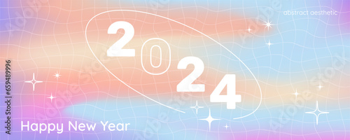 New 2024 Year banner in retro Y2K abstract aesthetic style, 2024 number and text greeting on a gradient liquid holographic background. Vector illustration for a New Year holiday.