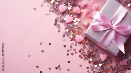  a gift box with a pink ribbon and a bow on a pink background.  generative ai © Shanti