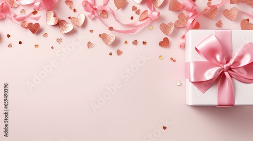  a white gift box with a pink ribbon and a pink bow.  generative ai © Shanti